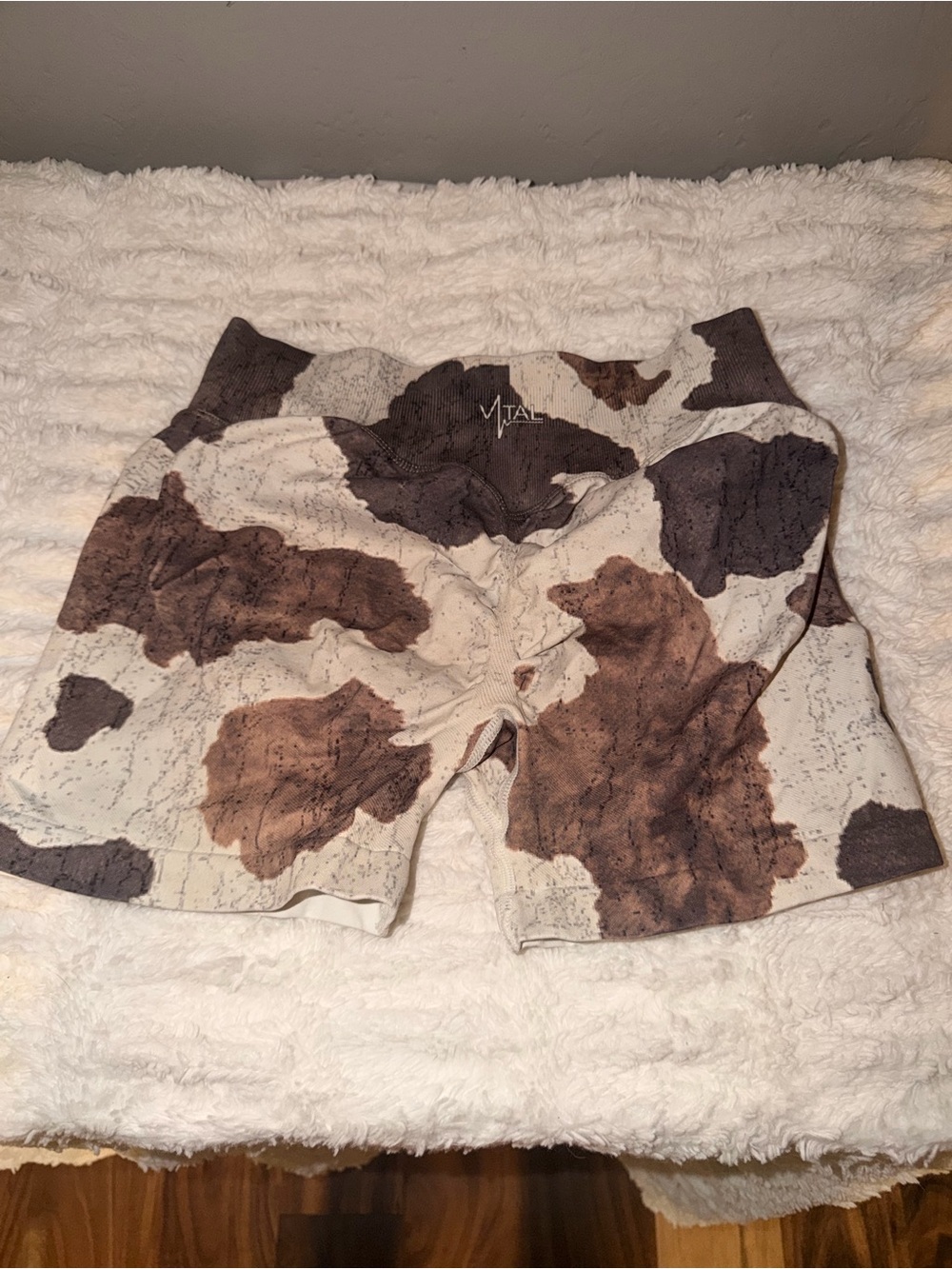 Vital apparel Women's Cowprint Compression Shorts in Brown & Cream large scrunch